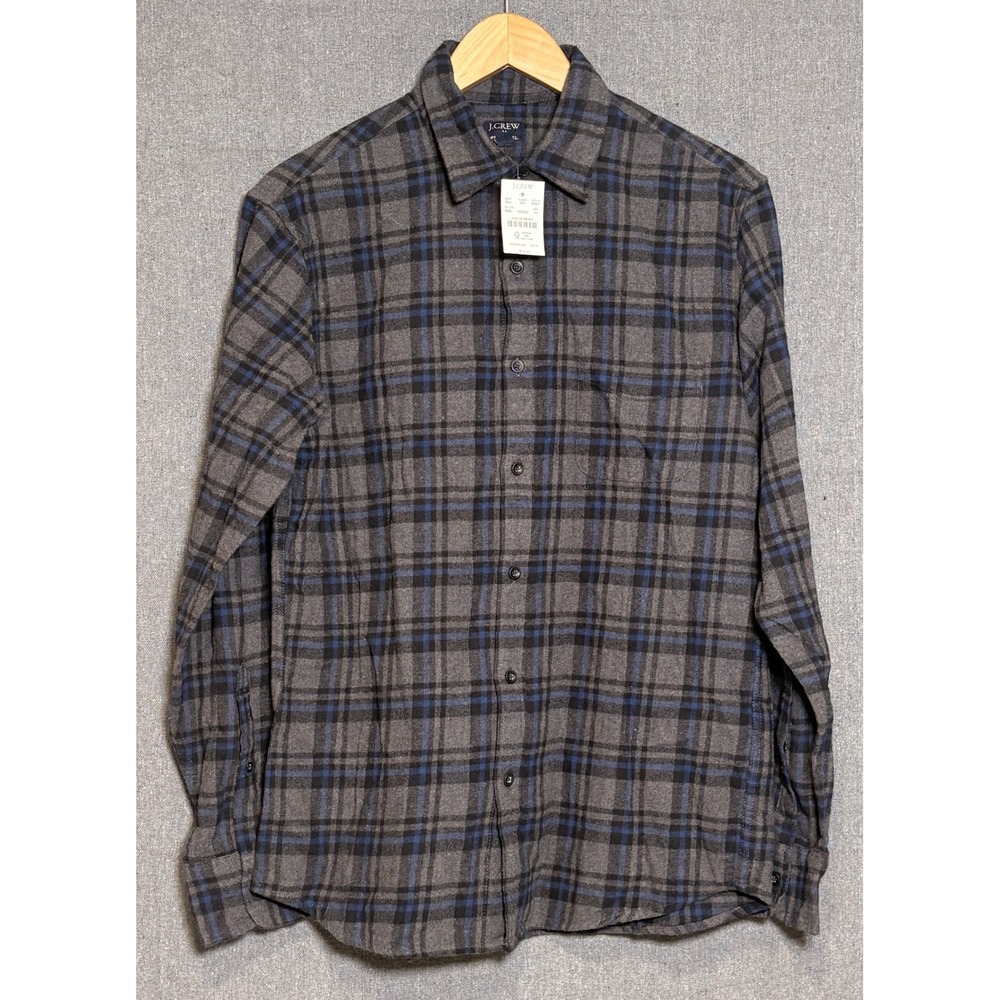 J.Crew Mens Flannel Shirt Grey Blue Plaid Long Sleeve Button Down Size M NEW